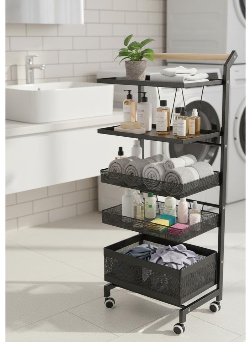 سبيس شوب عربة أدوات معدنية متحركة مكونة من 5 طبقات مع عجلات قابلة للقفل ومقبض خشبي  رف منظم للتخزين متعدد الأغراض باللون الأسود للمطبخ والحمام والمكتب وغرفة الغسيل - Image 4