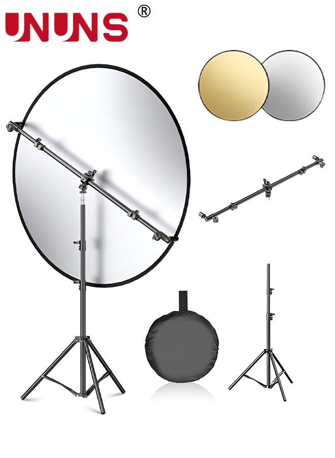 UNUNS Reflector Holder,Retractable Reflector Stand Arm with 2.1 Meter Tripod Light Stand and 2pcs 80cm Gold and Silver Reflectors for Product Portrait Studio Outdoor Photography - Image 1