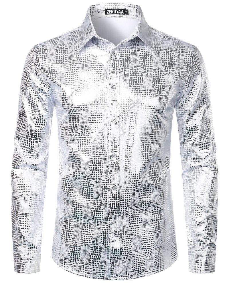 ZEROYAA Men's Luxury Dress Shirt Shiny Metallic Printed Button Down Shirts for Party Prom ZZCL33 White Silver X-Large - Image 1