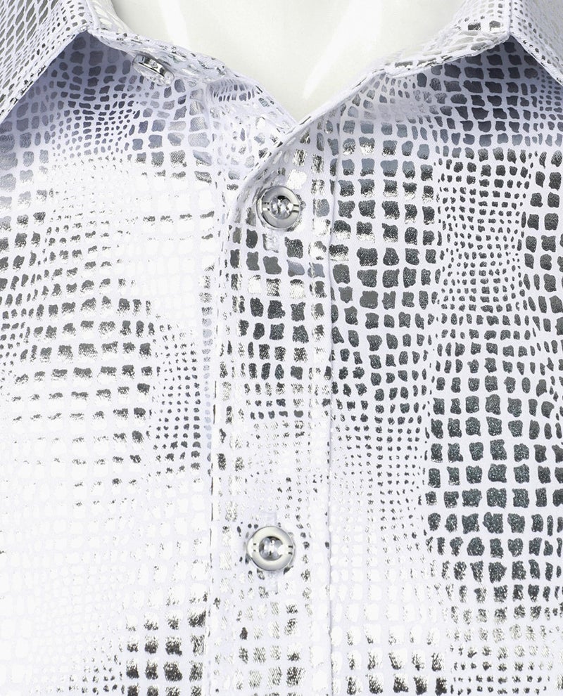 ZEROYAA Men's Luxury Dress Shirt Shiny Metallic Printed Button Down Shirts for Party Prom ZZCL33 White Silver X-Large - Image 3