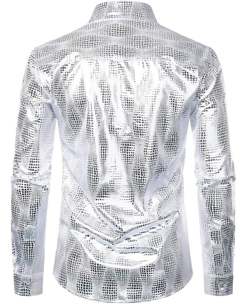 ZEROYAA Men's Luxury Dress Shirt Shiny Metallic Printed Button Down Shirts for Party Prom ZZCL33 White Silver X-Large - Image 2