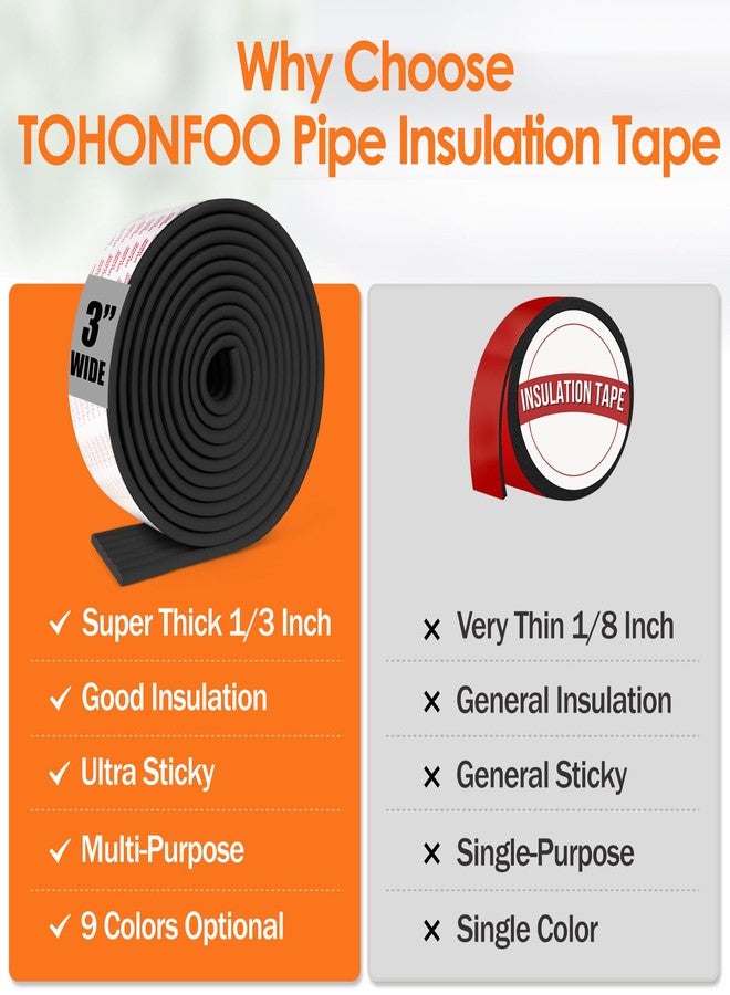 TOHONFOO 3 in Pipe Insulation Tape - Weather Resistant Foam Tape Insulation - Outdoor Water Pipe Insulation Wrap - Insulation Tape for Water Pipes - Pipe Wrap, (3in x 13ft, Black) - Image 2