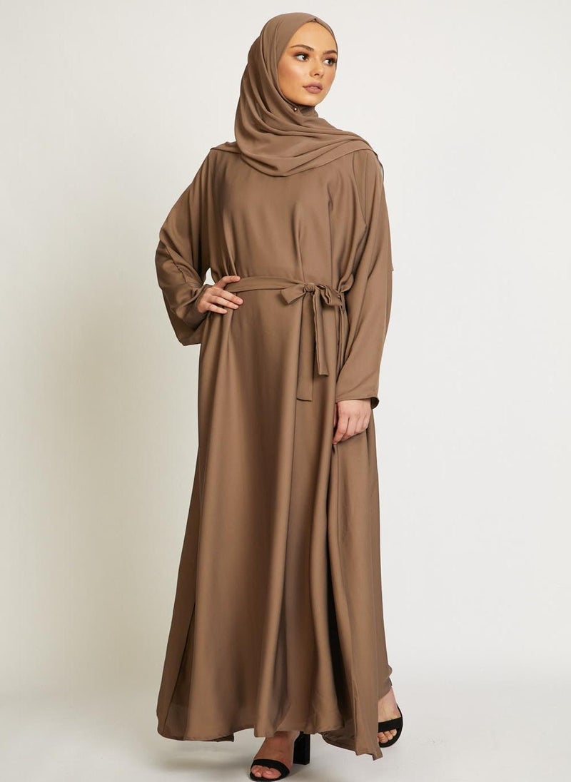 NUKHBAA Elegant Brown plain abaya wityh belt and Hijab-AB84  - Image 2