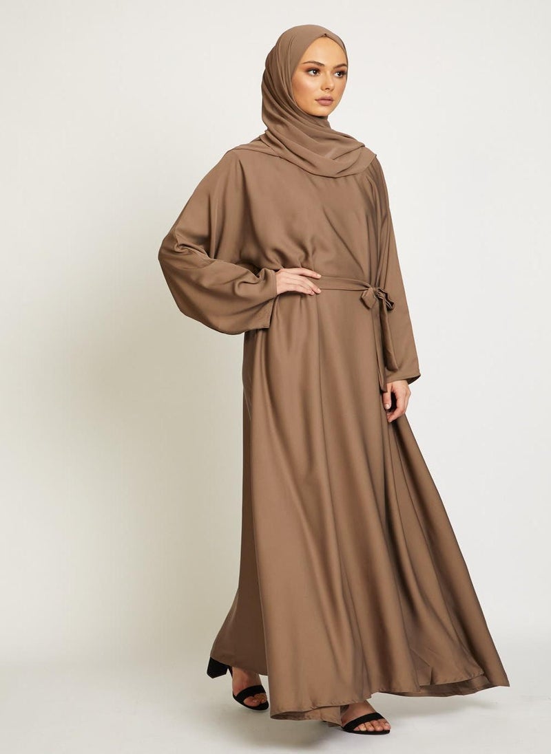NUKHBAA Elegant Brown plain abaya wityh belt and Hijab-AB84  - Image 1