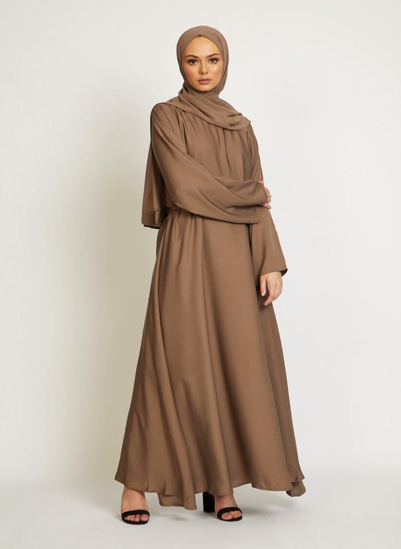 NUKHBAA Elegant Brown plain abaya wityh belt and Hijab-AB84  - Image 3