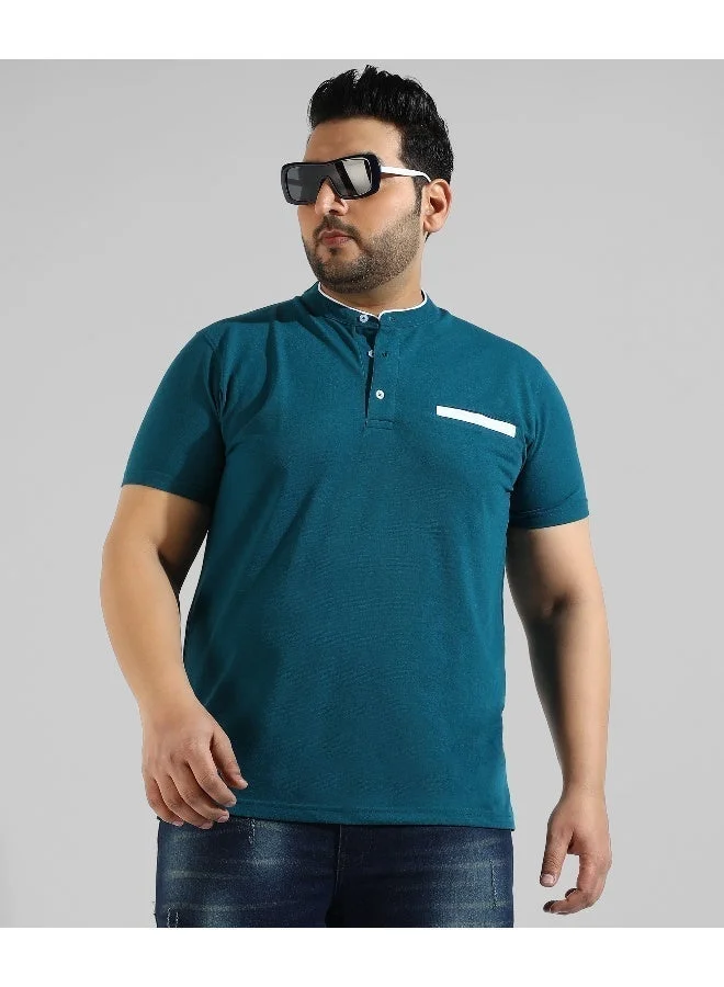 Instafab Plus Men's Teal Blue T-Shirt With Contrast Detail