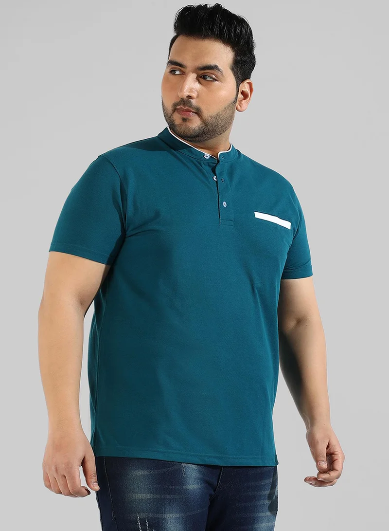 Instafab Plus Men's Teal Blue T-Shirt With Contrast Detail