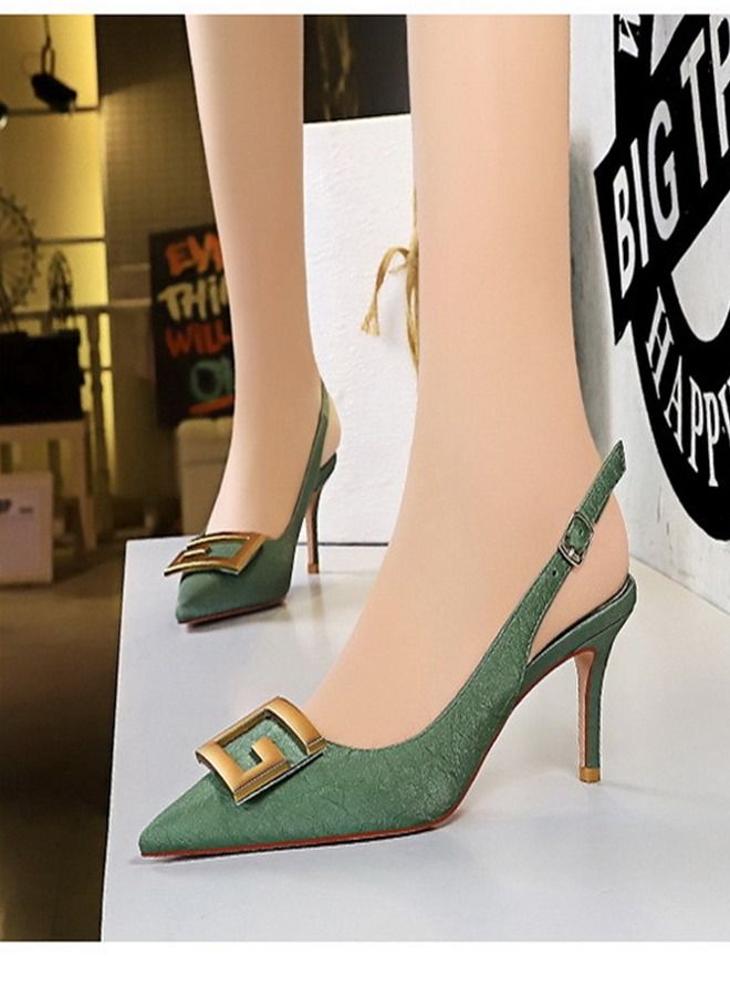 BIGTREE Pointed Back Strap Metal Square Buckle High Heels 7CM Green  - Image 1