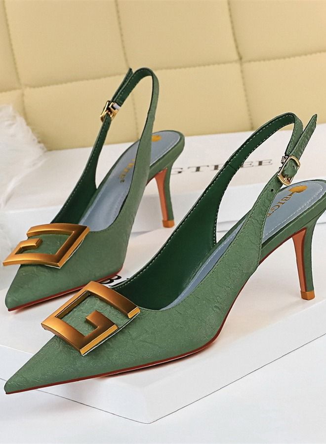 BIGTREE Pointed Back Strap Metal Square Buckle High Heels 7CM Green  - Image 2