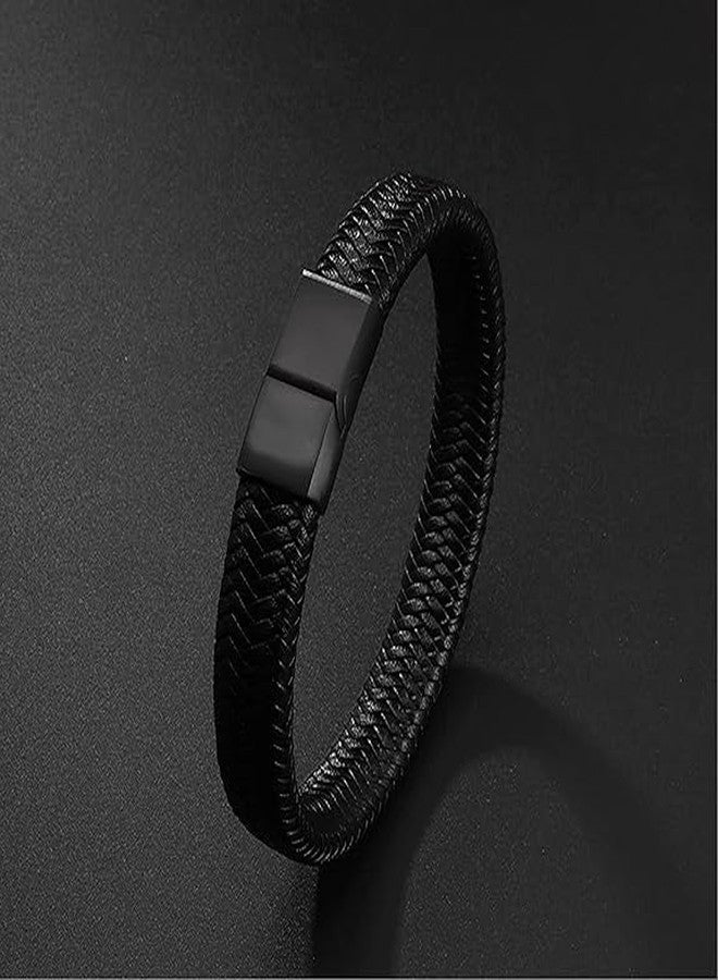 TRIPIN Black Leather Bracelet for Men, Magnetic Clasp, Braided Design, Fashion Accessory - Image 3