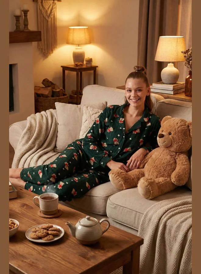 ليلا طقم بيجامة نسائي من الفليس بقصة قياسية بأزرار