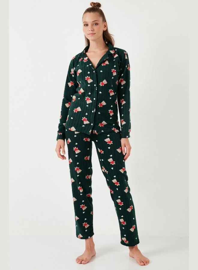 ليلا طقم بيجامة نسائي من الفليس بقصة قياسية بأزرار