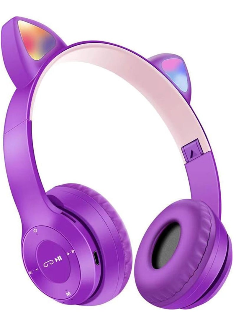 X spring Cat Ear Kids Headphones Bluetooth 5.0 Wireless Foldable Headphones Over Ear Wireless Headphones With Mic Led Light Compatible With Smartphone Pad Laptop Purple  - Image 1