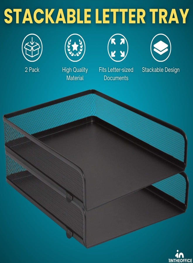 1InTheOffice Desk Trays Stackable Letter Tray, Matte Black Wire Mesh Front-Load Paper Tray Organizer, (2 Pack) - Image 2