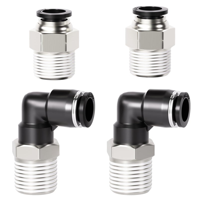 TAILONZ PNEUMATIC Elbow and Straight Combination 1/2 Inch Tube OD x 1/2 Inch NPT Thread Push to Connect Fittings PC-1/2-N4+PL-1/2-N4(Pack of 12)