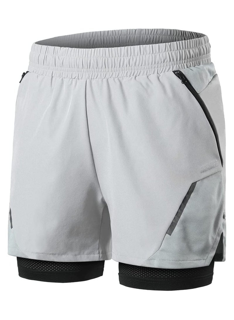 Generic 2-In-1 Mens Running Shorts with Zipper Pockets Quick Dry Exercise Shorts for Training Gym Workout- L Size  - Image 1