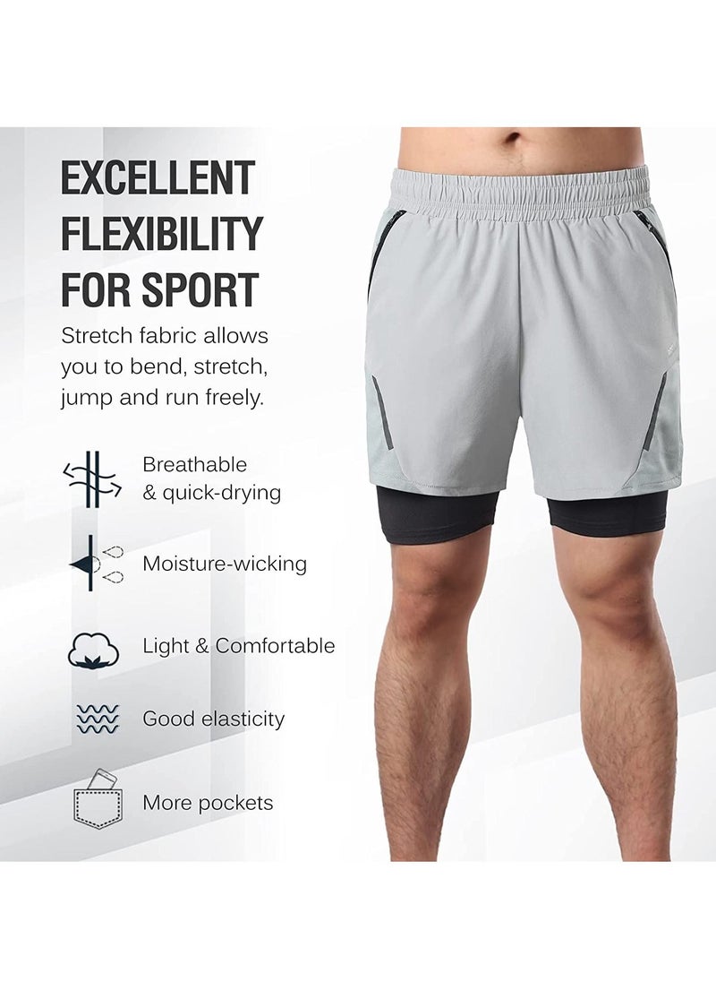 Generic 2-In-1 Mens Running Shorts with Zipper Pockets Quick Dry Exercise Shorts for Training Gym Workout- L Size  - Image 2