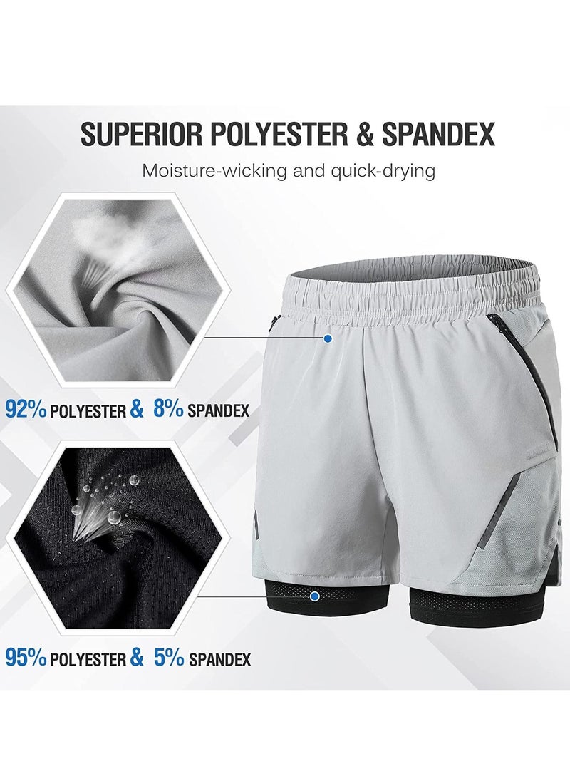 Generic 2-In-1 Mens Running Shorts with Zipper Pockets Quick Dry Exercise Shorts for Training Gym Workout- L Size  - Image 3