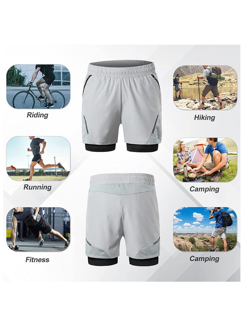 2-In-1 Mens Running Shorts with Zipper Pockets Quick Dry Exercise Shorts for Training Gym Workout- L Size