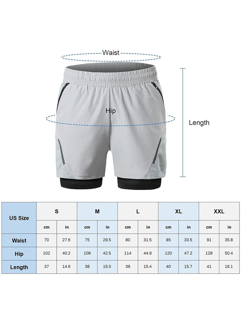2-In-1 Mens Running Shorts with Zipper Pockets Quick Dry Exercise Shorts for Training Gym Workout- L Size
