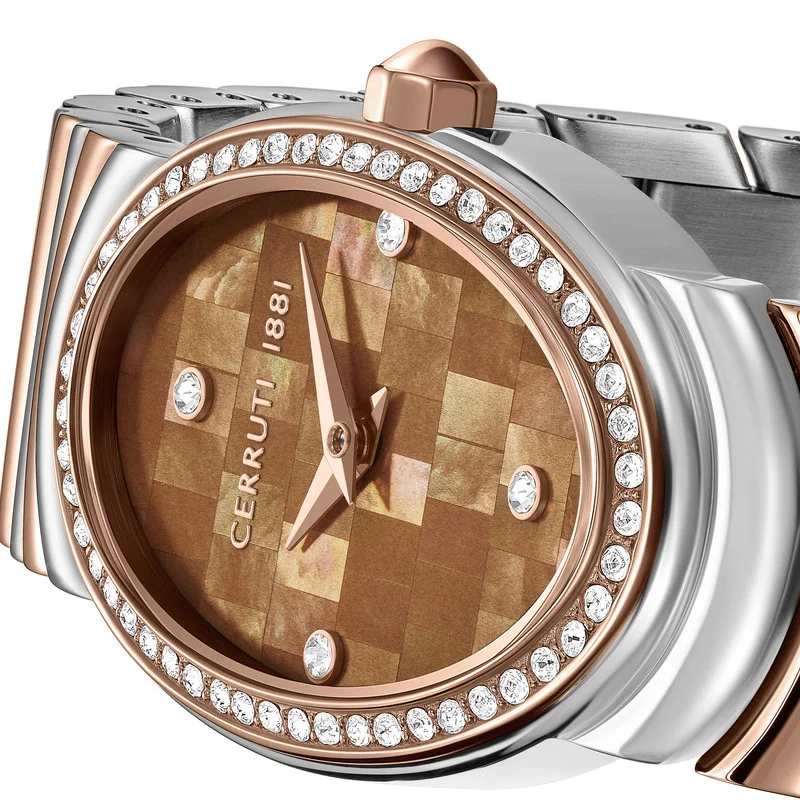 شيروتي 1881 Women's Norcia Analog Women's Watch - Oval Mosaic Brown Mother of Pearl Dial, Two-Tone Bracelet, Butterfly Buckle
