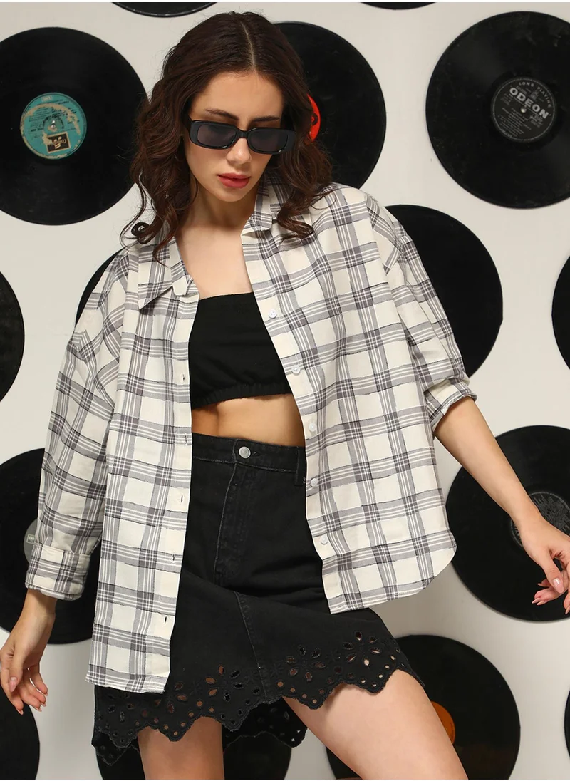 Campus Sutra Women's Cloud Grey:Off-White Shephard-Check Oversized Shirt
