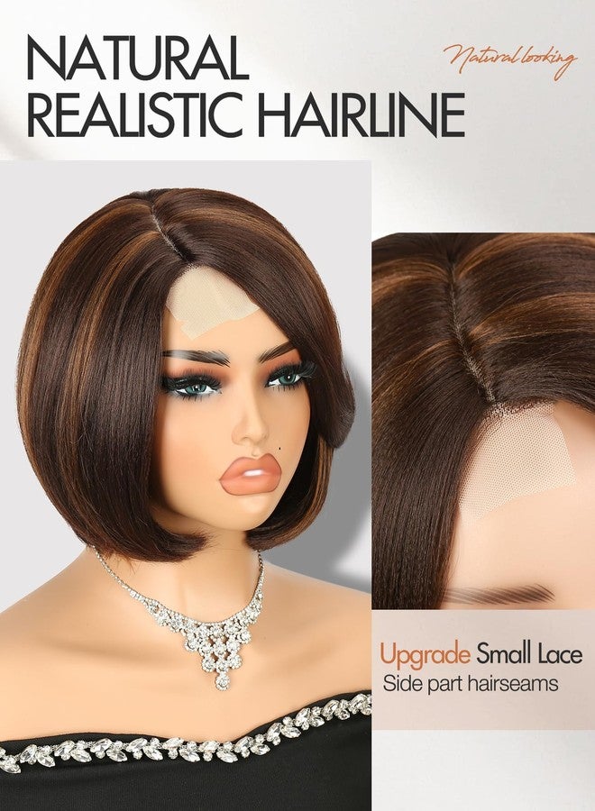 Quantum Love Highlight Bob Wig Layered Cut Mixed Brown Side Part Short Straight Glueless Bob Wigs for Women Realistic Hairline Synthetic Heat Resistant Fiber Hair - Image 2
