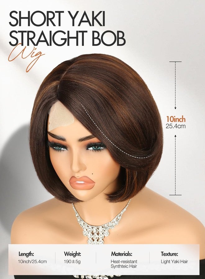 Quantum Love Highlight Bob Wig Layered Cut Mixed Brown Side Part Short Straight Glueless Bob Wigs for Women Realistic Hairline Synthetic Heat Resistant Fiber Hair - Image 4