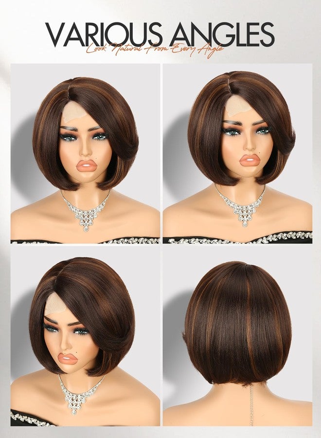 Quantum Love Highlight Bob Wig Layered Cut Mixed Brown Side Part Short Straight Glueless Bob Wigs for Women Realistic Hairline Synthetic Heat Resistant Fiber Hair - Image 5