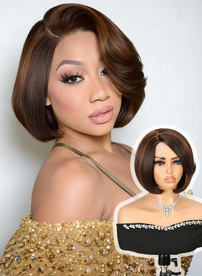 Quantum Love Highlight Bob Wig Layered Cut Mixed Brown Side Part Short Straight Glueless Bob Wigs for Women Realistic Hairline Synthetic Heat Resistant Fiber Hair - Image 1