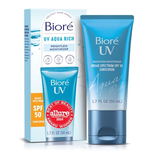 Bioré بior UV Aqua Rich مرطب يومي للوجه مع SPF 50 واقي شمس خالي من الزيت برايمر للمكياج مع حمض الهيالورونيك بدون أثر أبيض غير كوميدوغيني مناسب للبشرة الحساسة 17 أونصة