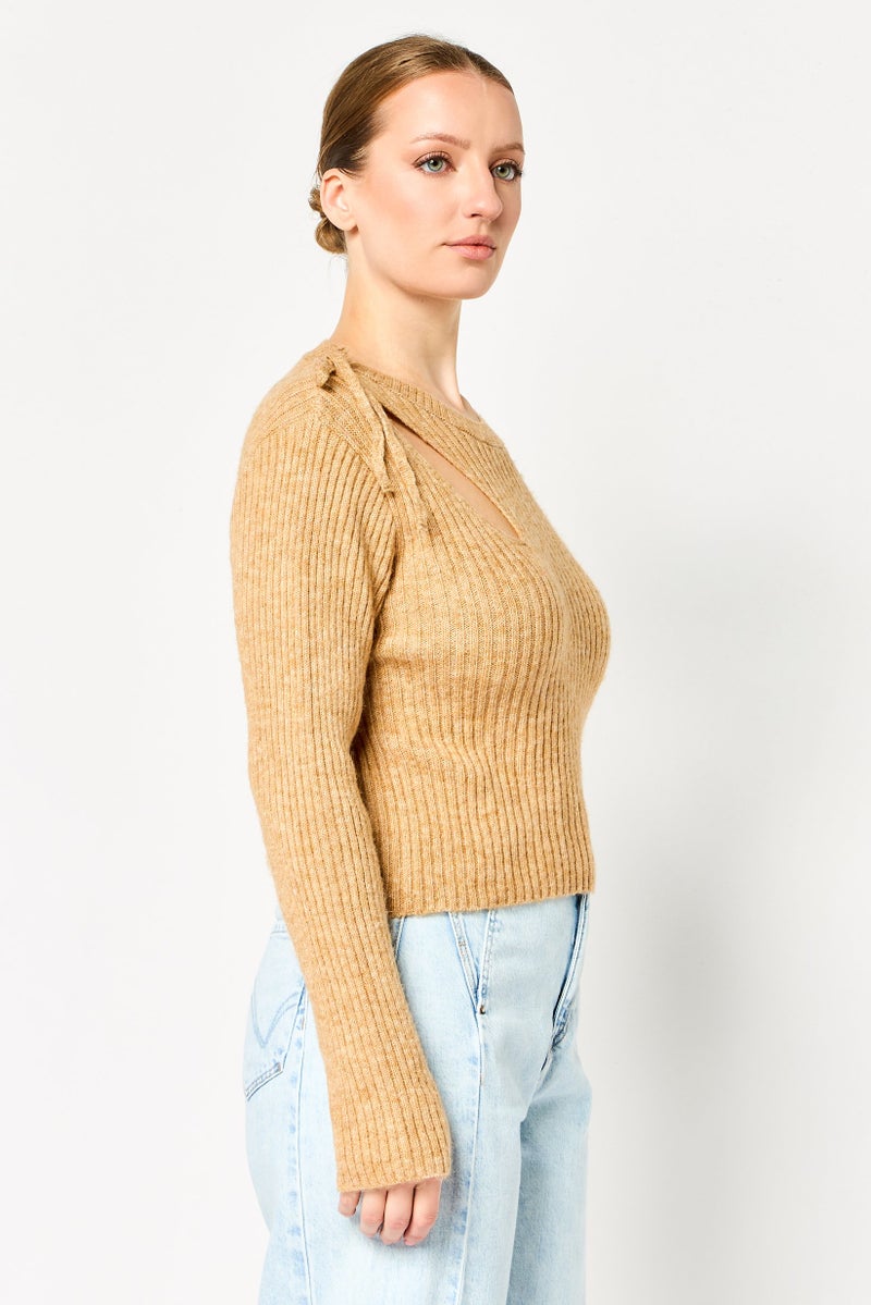 Reserved Women Ribbed Neck Knitted Sweater, Beige - Image 4