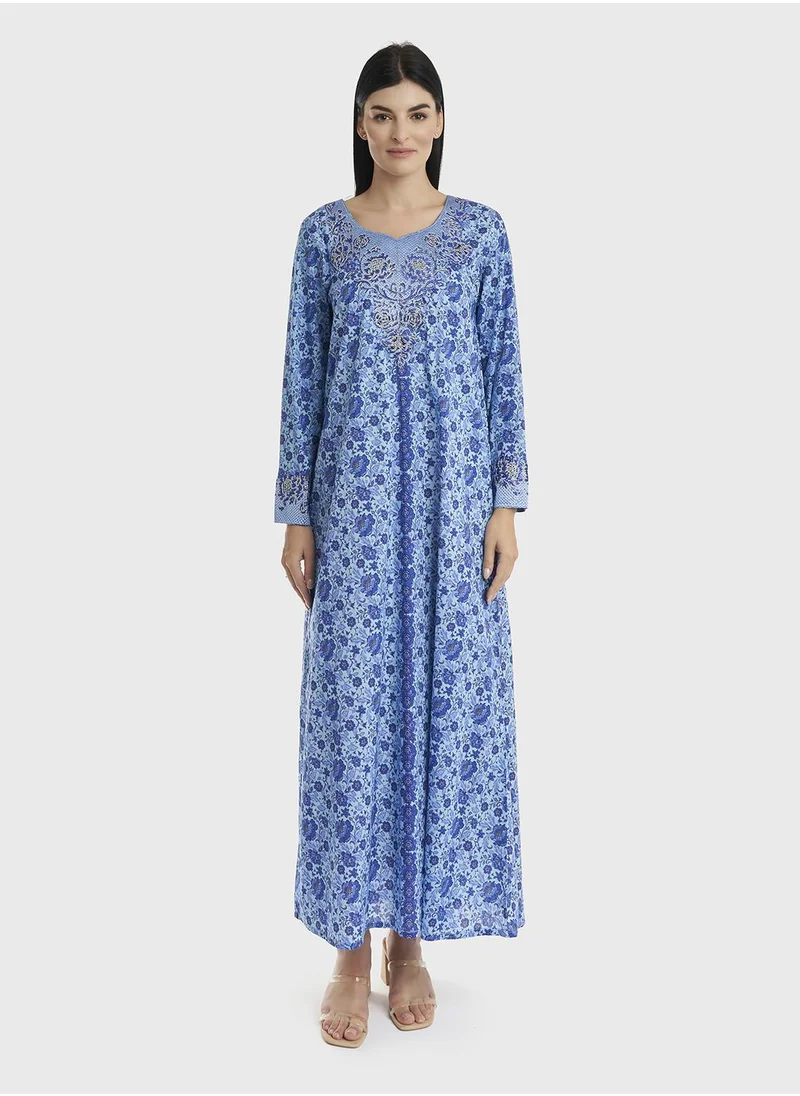 KASHKHA Floral Printed Cotton Mukhawar Jalabiya