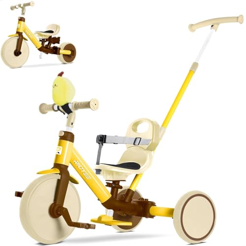 RIDYEE 5in1 Kids Tricycle for Toddlers 153 ToolFree Convertible Kids Push Trike to Balance Bike Safety Belt Removable Backrest and Footrest RideOn Toy for Boys Girls Yellow - Image 1