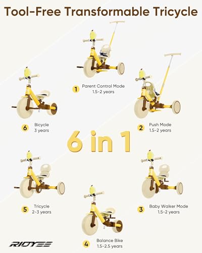 RIDYEE 5in1 Kids Tricycle for Toddlers 153 ToolFree Convertible Kids Push Trike to Balance Bike Safety Belt Removable Backrest and Footrest RideOn Toy for Boys Girls Yellow - Image 5