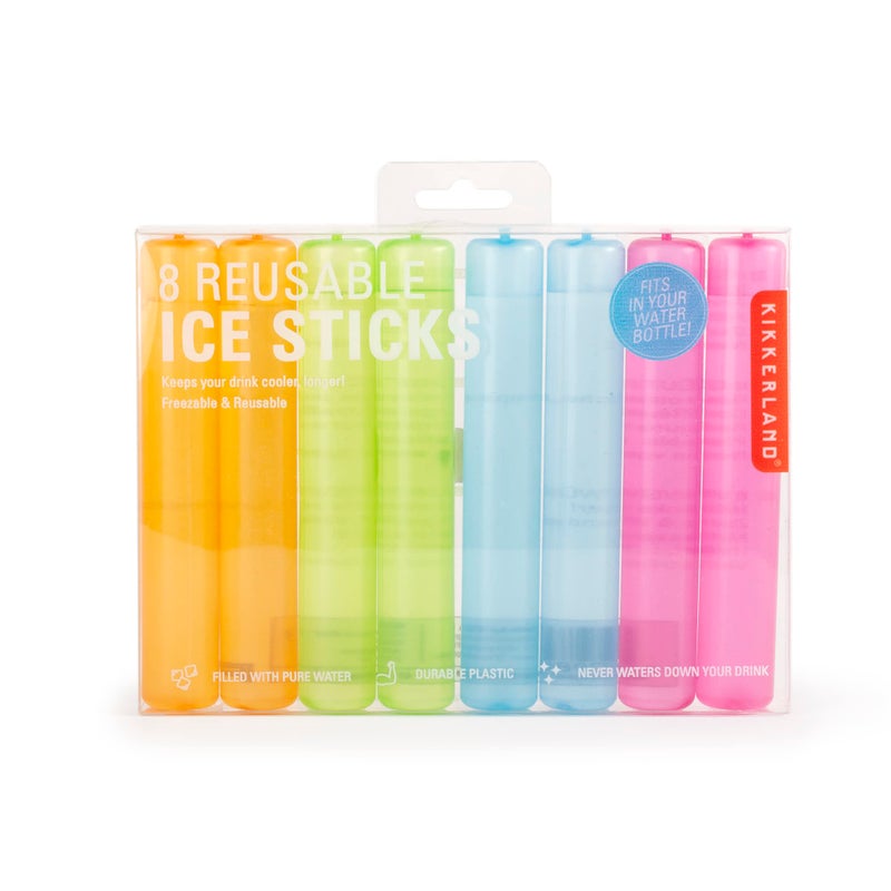Kikkerland Colorful Reusable Plastic Ice Cubes Washable Freezable Plastic Ice Cubes Sticks Set of 8 Suitable for Drinks Water Bottle Whiskey  Wine