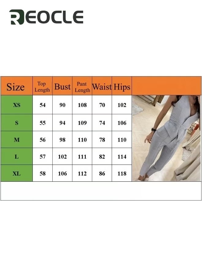 REOCLE Women's 2 Piece Outfits Sleeveless V Neck Vest and Skinny Pants Business Casual Set Summer Slim Suit - Image 4