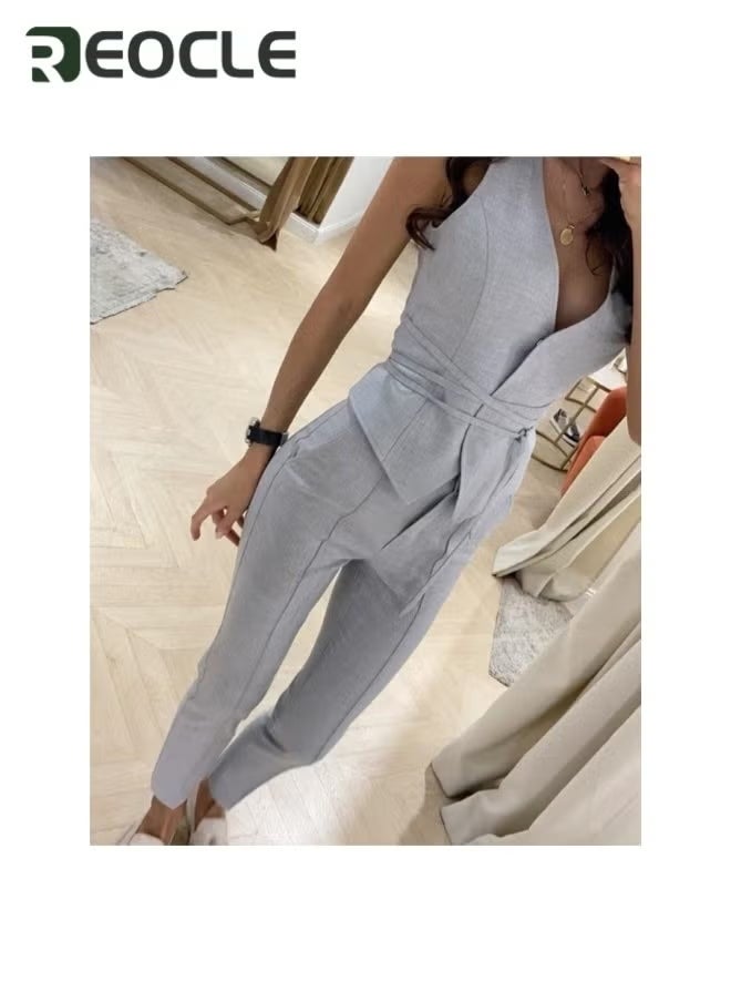 REOCLE Women's 2 Piece Outfits Sleeveless V Neck Vest and Skinny Pants Business Casual Set Summer Slim Suit - Image 2