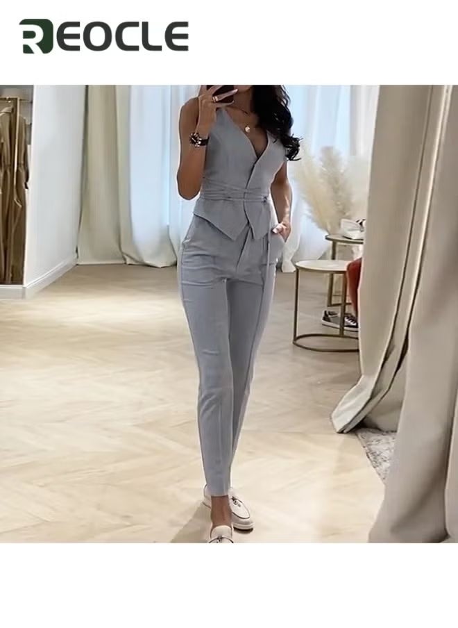 REOCLE Women's 2 Piece Outfits Sleeveless V Neck Vest and Skinny Pants Business Casual Set Summer Slim Suit - Image 3