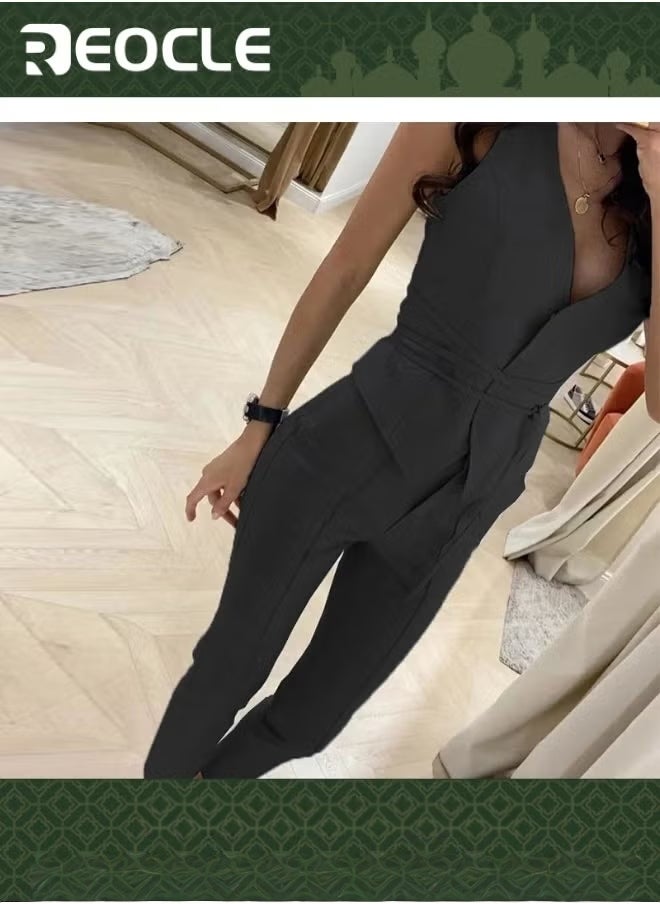 REOCLE Women's 2 Piece Outfits Sleeveless V Neck Vest and Skinny Pants Business Casual Set Summer Slim Suit - Image 1