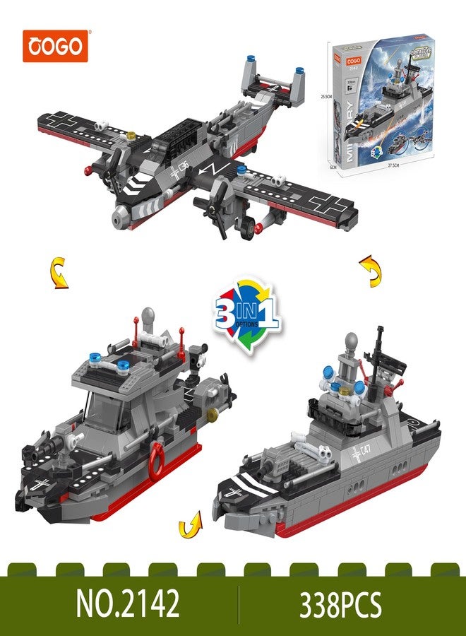 COGO 3-in-1 Military Vehicles Building Block Toy Set | Action Aircraft, Patrol Speedboat, Vessel, Mission Ship | 338 Pieces for Boys Age 6+ | STEM Creative Construction Toys Brick Kit Gift for Children - Image 2