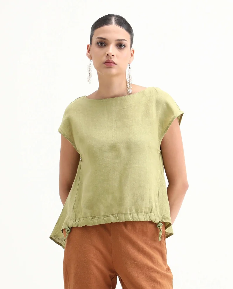 Rareism Women's High Low 100% Linen Boxy Top