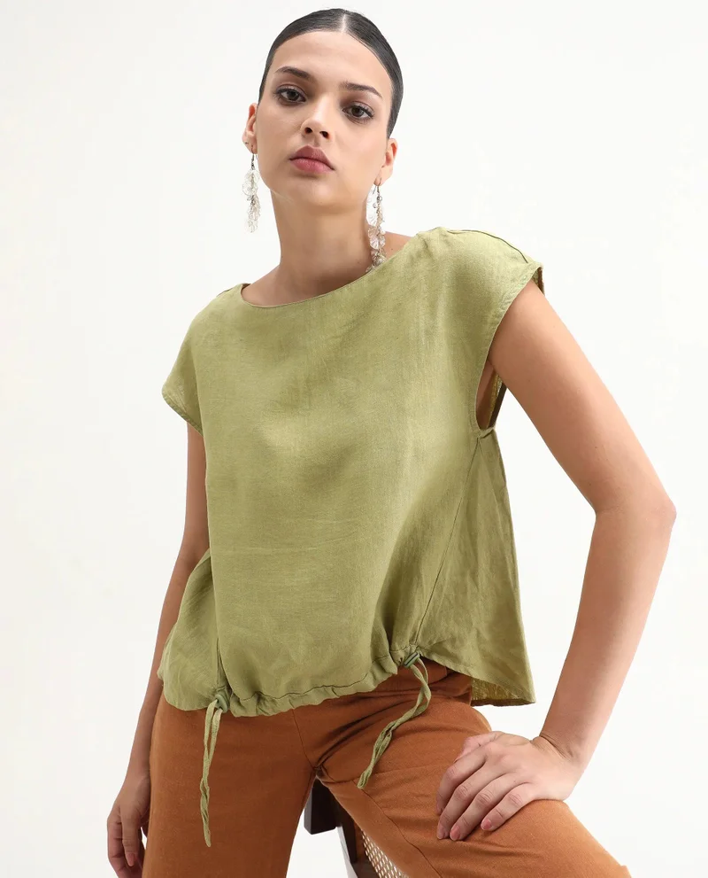 Rareism Women's High Low 100% Linen Boxy Top