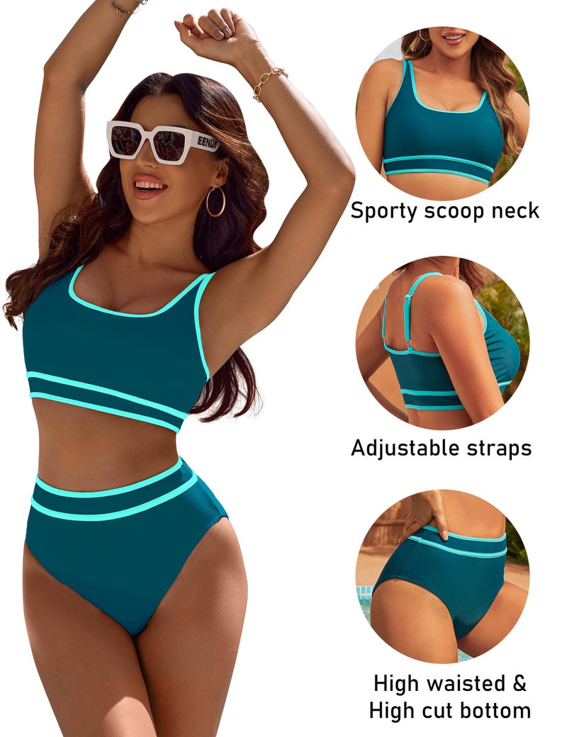 BMJL Women's High Waisted Bikini Sets Sporty Two Piece Swimsuits Color Block Cheeky High Cut Bathing Suits(XS,Dark Green Blue) - Image 4