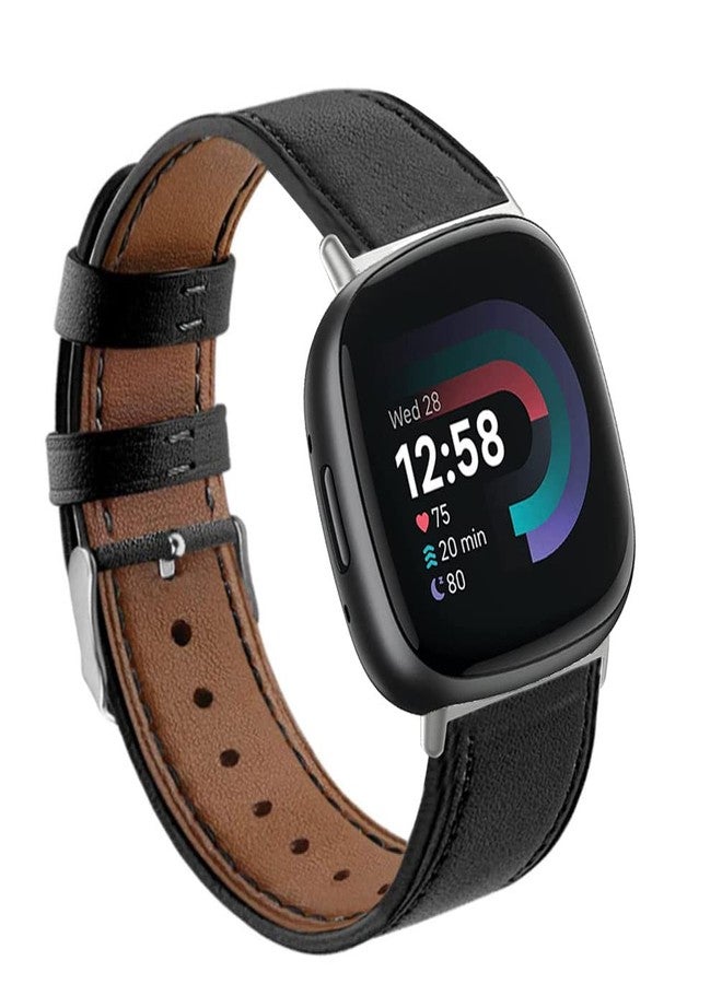 Sankel Leather Bands Compatible for Fitbit Versa 4/Versa 3/Fitbit Sense 2/Sense, Comfortable Adjustable Sport Replacement Strap Wristband for Men Women (Black) - Image 1