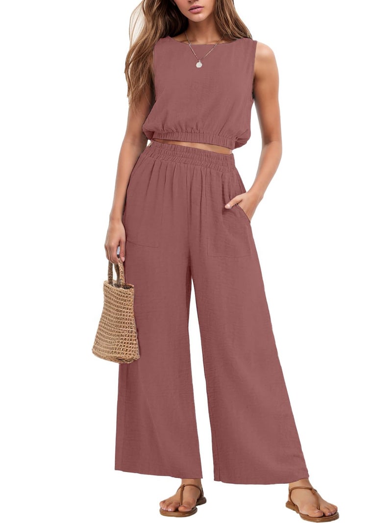 GRECERELLE Petite Lounge Sets For Women Sleeveless Crop Top Wide Leg Pants Sweat Set for Women 2025 Summer Rust Red-XS