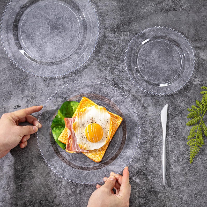 U-QE 60PCS Clear Plastic Plates - Fancy Beaded Plates Disposable Heavy Duty - Premium Hard Plastic Plate for Party, Wedding & Birthday Including 30 Dinner10 & 30 Dessert Plate 7" - Image 3