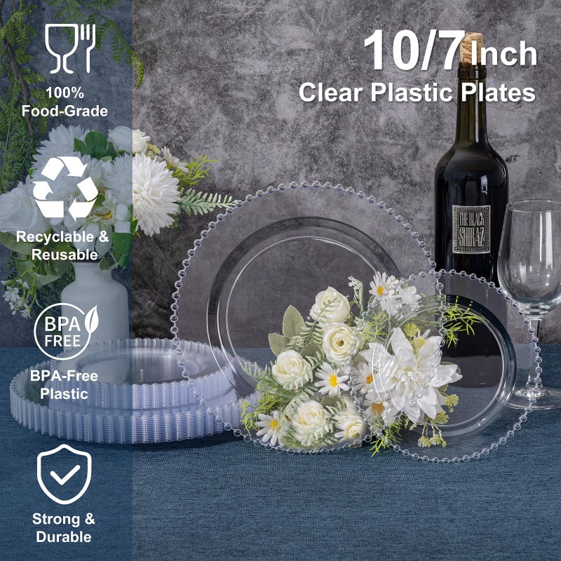 U-QE 60PCS Clear Plastic Plates - Fancy Beaded Plates Disposable Heavy Duty - Premium Hard Plastic Plate for Party, Wedding & Birthday Including 30 Dinner10 & 30 Dessert Plate 7" - Image 2