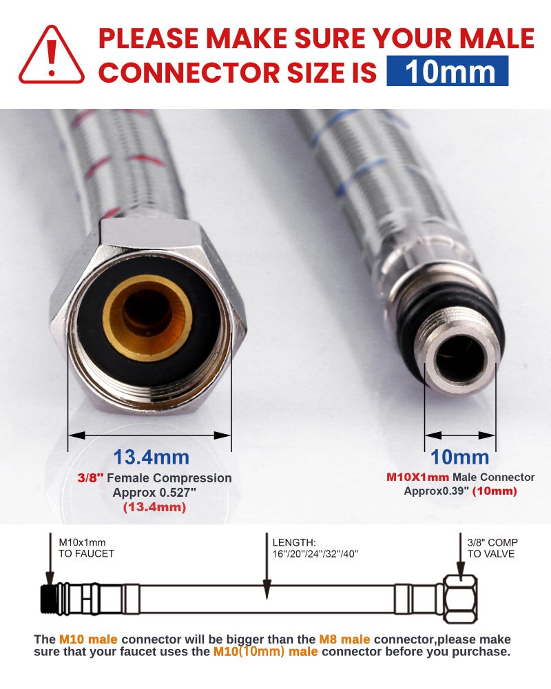 WOWOW 40" Length Faucet Supply Line, Bathroom Kitchen Faucet Lines Braided Nylon Sink Hose,cUPC Faucet Supply Lines 3/8" Female Compression Thread × M10 Male Connector 2Pcs (1 Pair) - Image 2