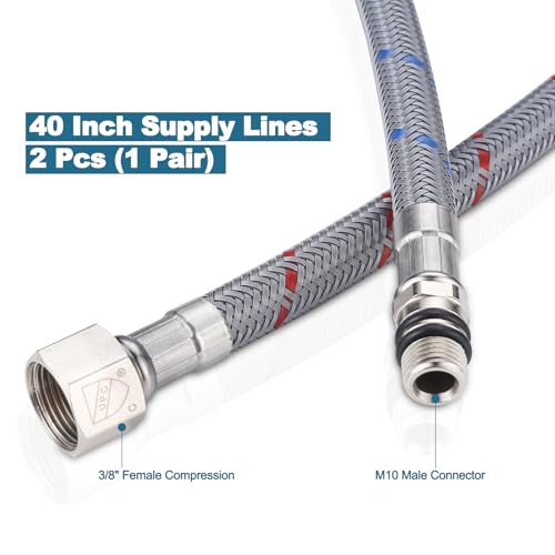 WOWOW 40" Length Faucet Supply Line, Bathroom Kitchen Faucet Lines Braided Nylon Sink Hose,cUPC Faucet Supply Lines 3/8" Female Compression Thread × M10 Male Connector 2Pcs (1 Pair) - Image 3